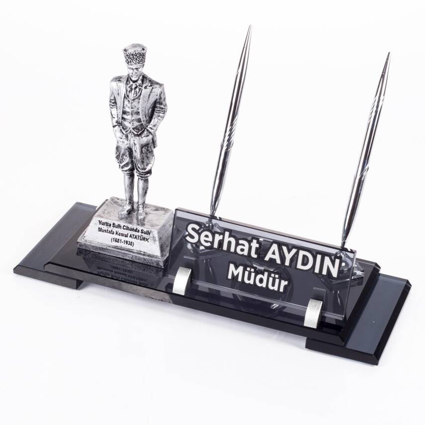 Atatürk Heykeli Biblolu Elit Kristal İsimlik Masa İsimliği Çift Kalemli İsimlik Lüks Ofis Hediye - 2