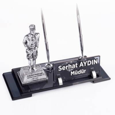 Atatürk Heykeli Biblolu Elit Kristal İsimlik Masa İsimliği Çift Kalemli İsimlik Lüks Ofis Hediye - Ofistike