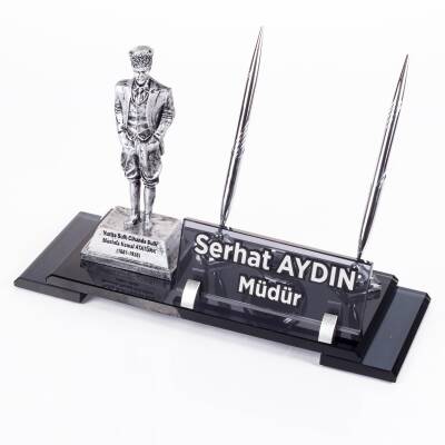 Atatürk Heykeli Biblolu Elit Kristal İsimlik Masa İsimliği Çift Kalemli İsimlik Lüks Ofis Hediye - 2