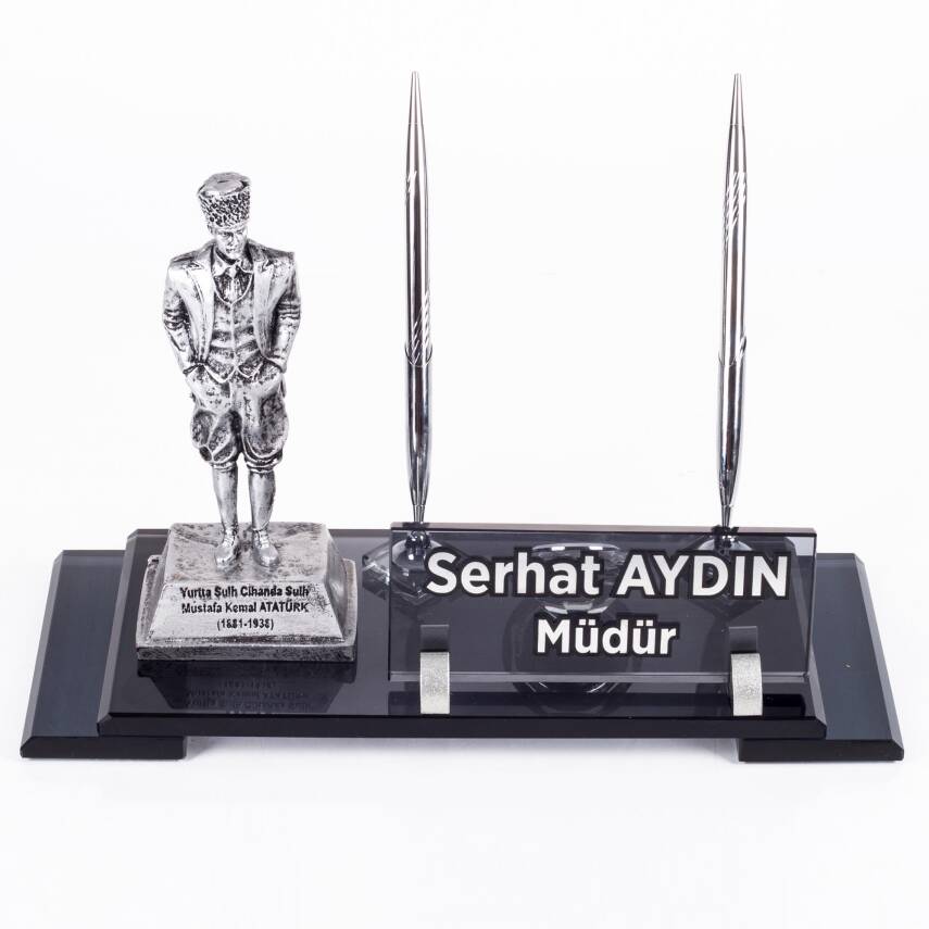 Atatürk Heykeli Biblolu Elit Kristal İsimlik Masa İsimliği Çift Kalemli İsimlik Lüks Ofis Hediye - 3