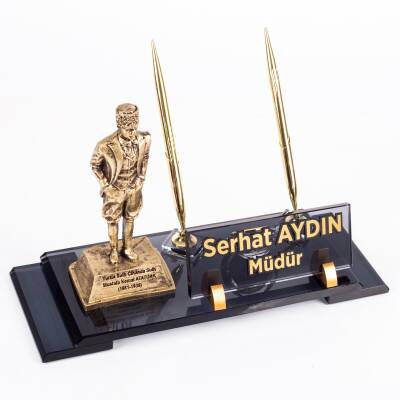 Atatürk Heykeli Biblolu Elit Kristal İsimlik Masa İsimliği Çift Kalemli İsimlik Lüks Ofis Hediye - 2