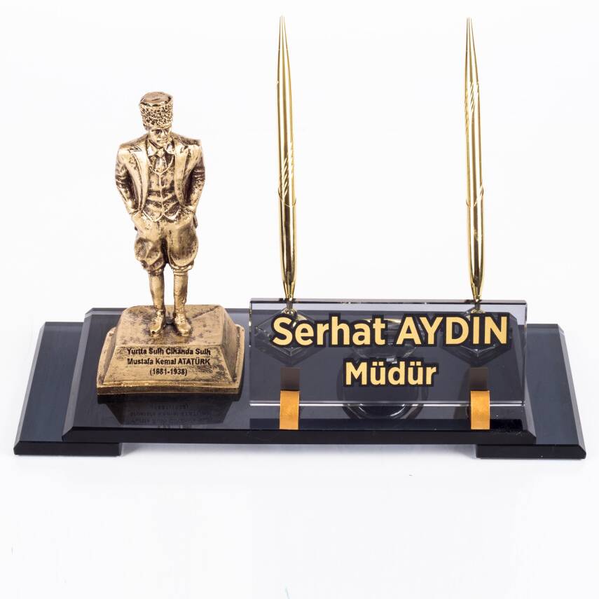 Atatürk Heykeli Biblolu Elit Kristal İsimlik Masa İsimliği Çift Kalemli İsimlik Lüks Ofis Hediye - 3