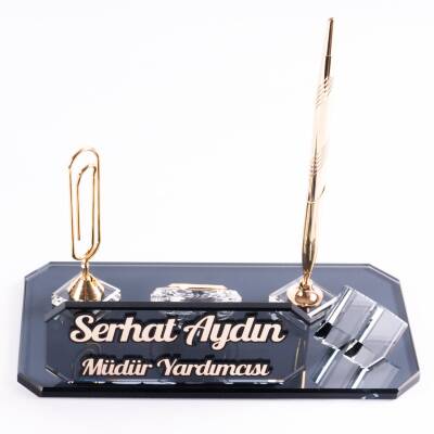 Athos Altın Masa İsimliği Kristal Ofis Masa üstü Kabartma İsimlik Hediye Şık Masaüstü Kalemlik - 2