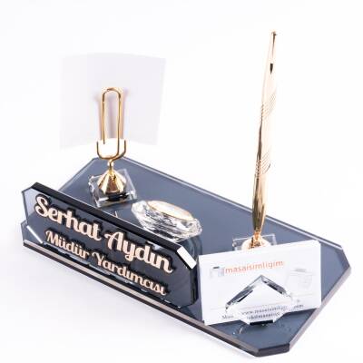 Athos Altın Masa İsimliği Kristal Ofis Masa üstü Kabartma İsimlik Hediye Şık Masaüstü Kalemlik - 4