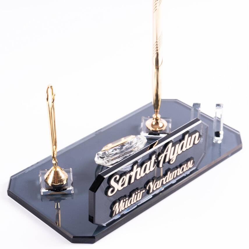 Athos Altın Masa İsimliği Kristal Ofis Masa üstü Kabartma İsimlik Hediye Şık Masaüstü Kalemlik - 1