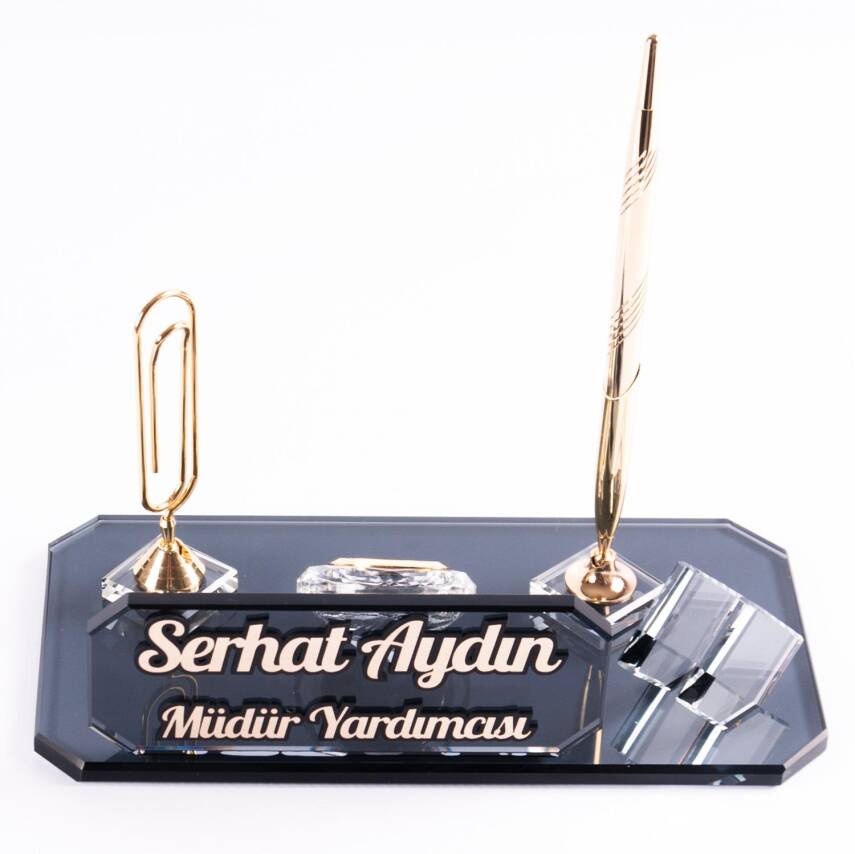 Athos Altın Masa İsimliği Kristal Ofis Masa üstü Kabartma İsimlik Hediye Şık Masaüstü Kalemlik - 2