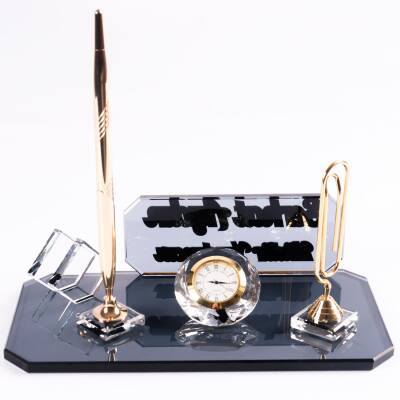 Athos Altın Masa İsimliği Kristal Ofis Masa üstü Kabartma İsimlik Hediye Şık Masaüstü Kalemlik - 3