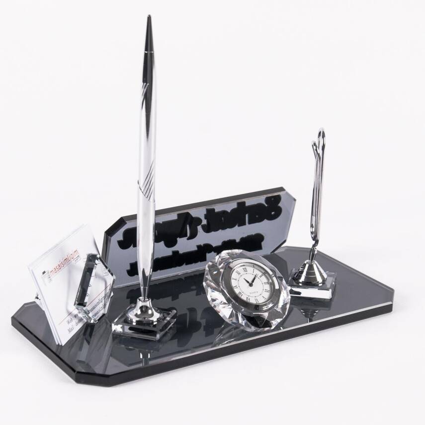 Athos Gümüş Kristal Ofis Masa İsimliği Kalemli Masa üstü İsimlik Kabartma Yazılı - 5