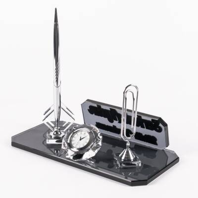 Athos Gümüş Kristal Ofis Masa İsimliği Kalemli Masa üstü İsimlik Kabartma Yazılı - Ofistike