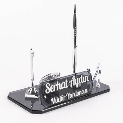Athos Gümüş Kristal Ofis Masa İsimliği Kalemli Masa üstü İsimlik Kabartma Yazılı - 2