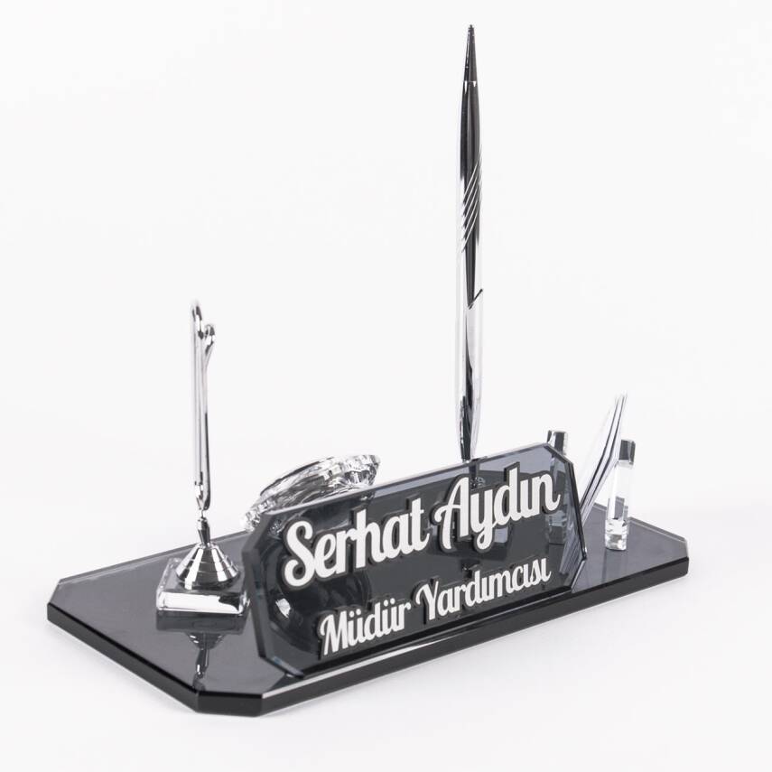 Athos Gümüş Kristal Ofis Masa İsimliği Kalemli Masa üstü İsimlik Kabartma Yazılı - 2