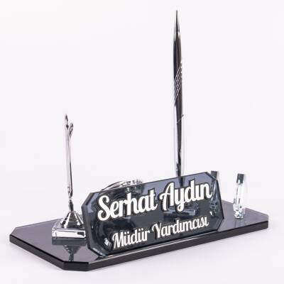 Athos Gümüş Kristal Ofis Masa İsimliği Kalemli Masa üstü İsimlik Kabartma Yazılı - 4