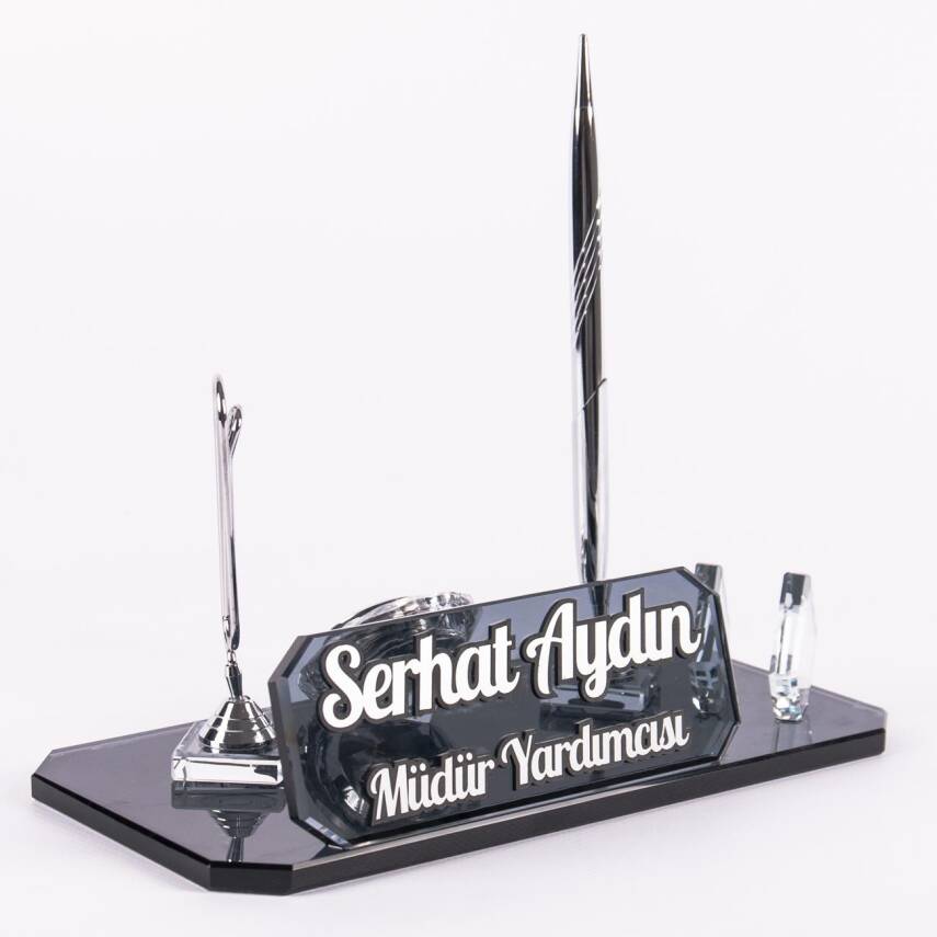 Athos Gümüş Kristal Ofis Masa İsimliği Kalemli Masa üstü İsimlik Kabartma Yazılı - 4