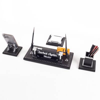 Aura 4 Parça Dikişli Deri Çift Kalemli Masa İsimliği Ofis Seti Lüks Masaüstü İsimlik Seti Hediye - Ofistike