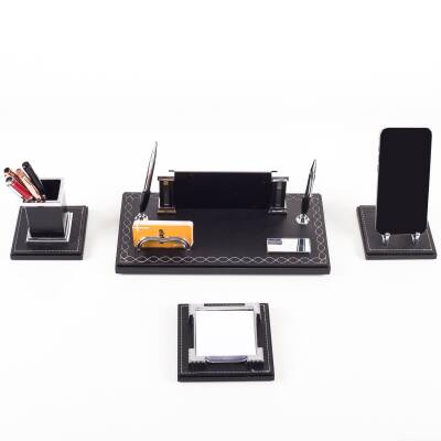 Aura 4 Parça Dikişli Deri Çift Kalemli Masa İsimliği Ofis Seti Lüks Masaüstü İsimlik Seti Hediye - 2