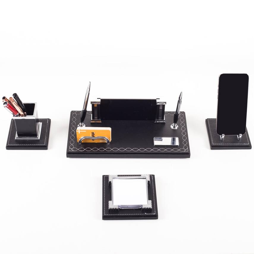 Aura 4 Parça Dikişli Deri Çift Kalemli Masa İsimliği Ofis Seti Lüks Masaüstü İsimlik Seti Hediye - 2