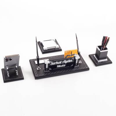 Aura 4 Parça Dikişli Deri Çift Kalemli Masa İsimliği Ofis Seti Lüks Masaüstü İsimlik Seti Hediye - 3