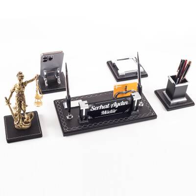 Auris Avukat Hakim Savcı Themis Biblo 5 Parça Deri Çift Kalemli Hediye Masa İsimliği İsimlik Seti - 1