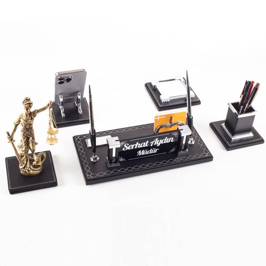 Auris Avukat Hakim Savcı Themis Biblo 5 Parça Deri Çift Kalemli Hediye Masa İsimliği İsimlik Seti - 1