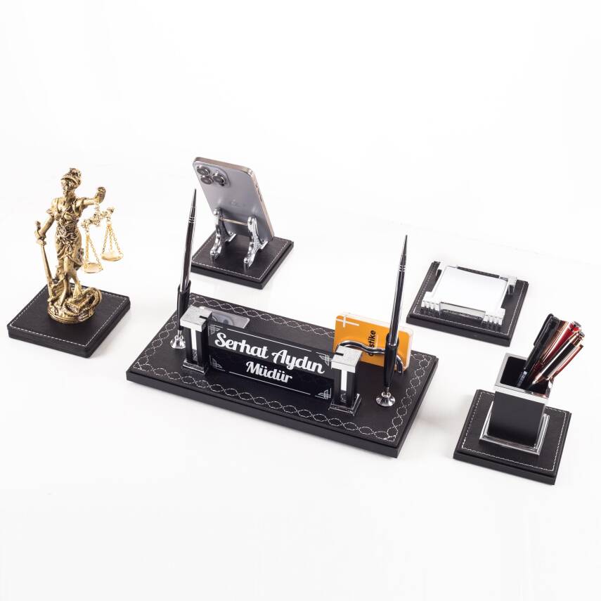 Auris Avukat Hakim Savcı Themis Biblo 5 Parça Deri Çift Kalemli Hediye Masa İsimliği İsimlik Seti - 2