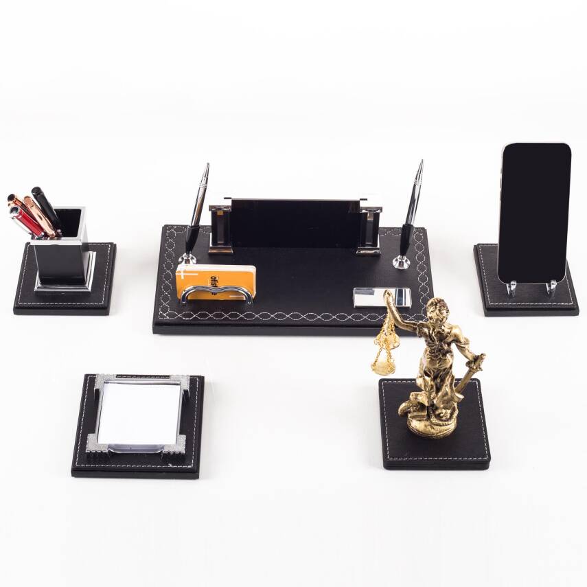 Auris Avukat Hakim Savcı Themis Biblo 5 Parça Deri Çift Kalemli Hediye Masa İsimliği İsimlik Seti - 3