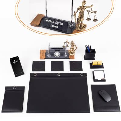 Avukata Lüks Siyah Sümen Takımı Düğmeli ve Themis Heykelli Masa İsimliği Avukat Lüks Sümen İsimlik - Ofistike