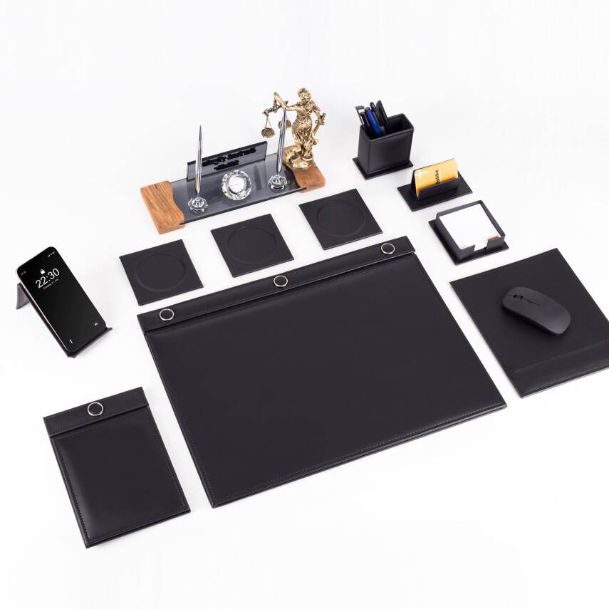 Avukata Lüks Siyah Sümen Takımı Düğmeli ve Themis Heykelli Masa İsimliği Avukat Lüks Sümen İsimlik - 3