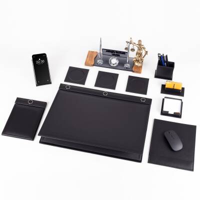 Avukata Lüks Siyah Sümen Takımı Düğmeli ve Themis Heykelli Masa İsimliği Avukat Lüks Sümen İsimlik - 4