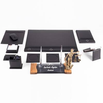 Avukata Lüks Siyah Sümen Takımı Düğmeli ve Themis Heykelli Masa İsimliği Avukat Lüks Sümen İsimlik - 5