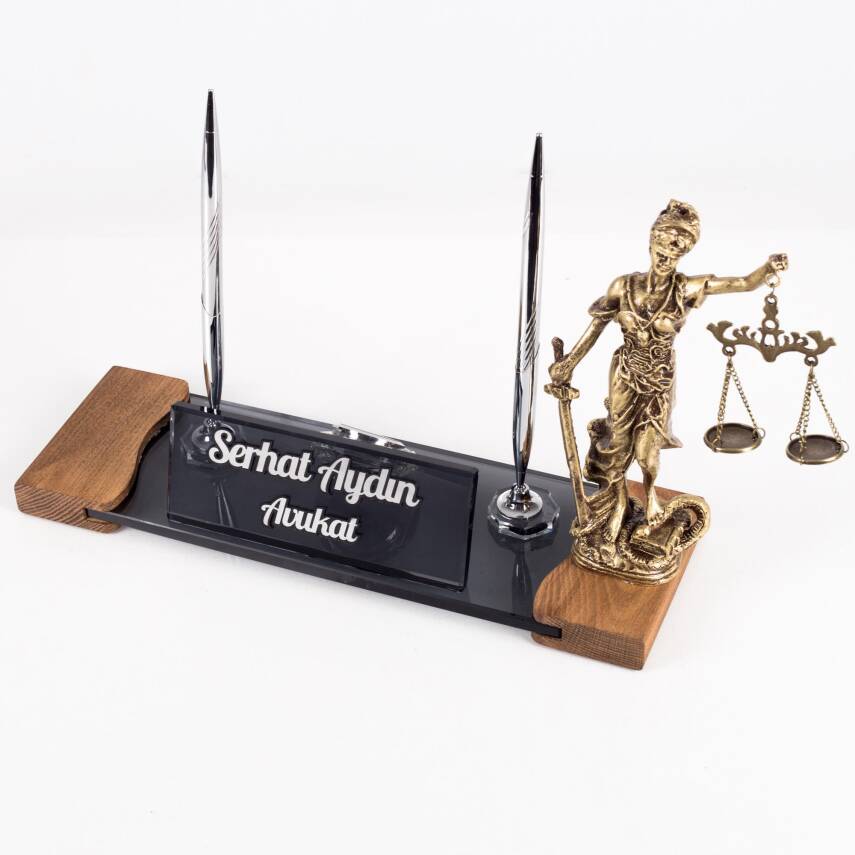 Avukata Lüks Siyah Sümen Takımı Düğmeli ve Themis Heykelli Masa İsimliği Avukat Lüks Sümen İsimlik - 6