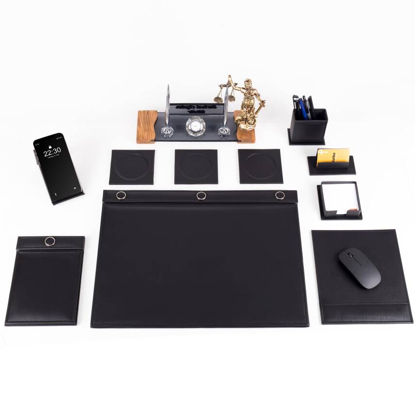 Avukata Lüks Siyah Sümen Takımı Düğmeli ve Themis Heykelli Masa İsimliği Avukat Lüks Sümen İsimlik - 2