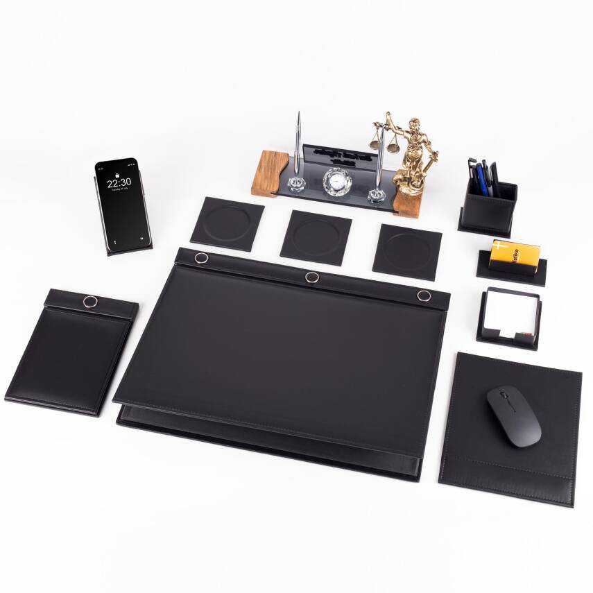 Avukata Lüks Siyah Sümen Takımı Düğmeli ve Themis Heykelli Masa İsimliği Avukat Lüks Sümen İsimlik - 4