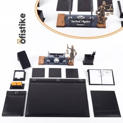 Avukata Lüks Siyah Sümen Takımı Düğmeli ve Themis Heykelli Masa İsimliği Avukat Lüks Sümen İsimlik 