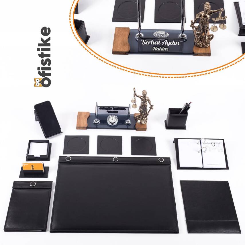 Avukata Lüks Siyah Sümen Takımı Düğmeli ve Themis Heykelli Masa İsimliği Avukat Lüks Sümen İsimlik - 1