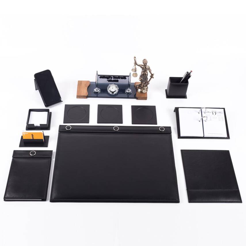 Avukata Lüks Siyah Sümen Takımı Düğmeli ve Themis Heykelli Masa İsimliği Avukat Lüks Sümen İsimlik - 2