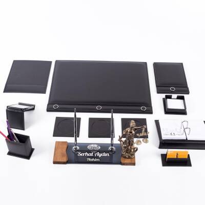 Avukata Lüks Siyah Sümen Takımı Düğmeli ve Themis Heykelli Masa İsimliği Avukat Lüks Sümen İsimlik - 3