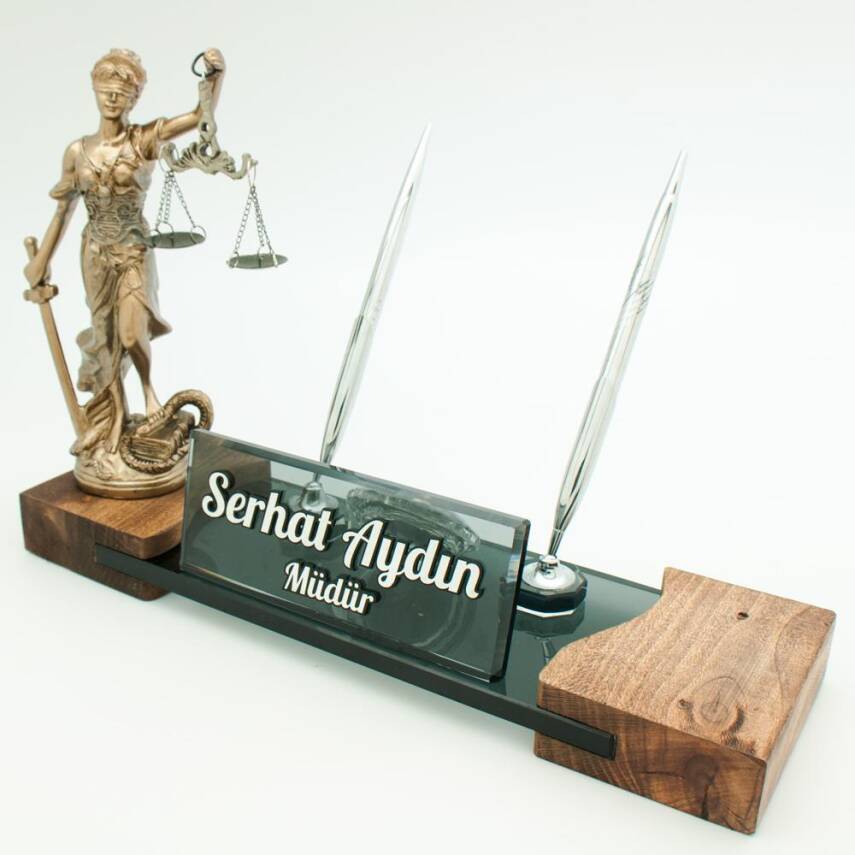 Avukata Özel Adalet Themis Heykeli Masif Gümüş Ofis Masa İsimliği Hukuk Masa İsimlik - 1