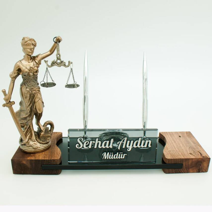 Avukata Özel Adalet Themis Heykeli Masif Gümüş Ofis Masa İsimliği Hukuk Masa İsimlik - 2
