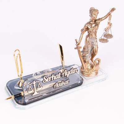 Avukata Özel İsimlik Themis Heykelli İmza Tasarımlı Masa İsimliği Avukat Hakim Savcı hediyesi - 2