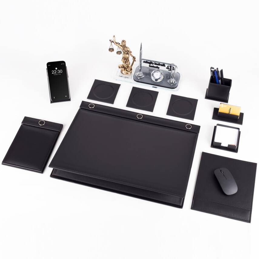 Avukata Themis Heykelli Düğmeli Siyah Sümen Takımı İmza Tasarımlı Masa İsimliği Hediye - 4