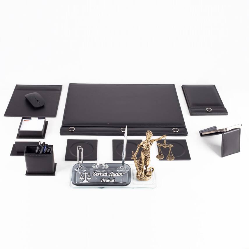 Avukata Themis Heykelli Düğmeli Siyah Sümen Takımı İmza Tasarımlı Masa İsimliği Hediye - 5