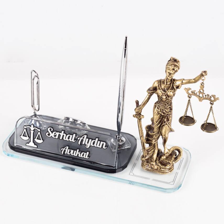 Avukata Themis Heykelli Düğmeli Siyah Sümen Takımı İmza Tasarımlı Masa İsimliği Hediye - 6