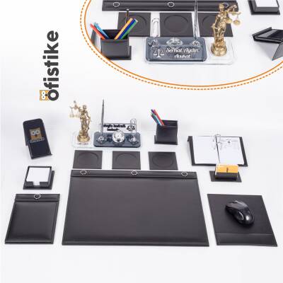 Avukata Themis Heykelli Düğmeli Siyah Sümen Takımı İmza Tasarımlı Masa İsimliği Hediye - Ofistike