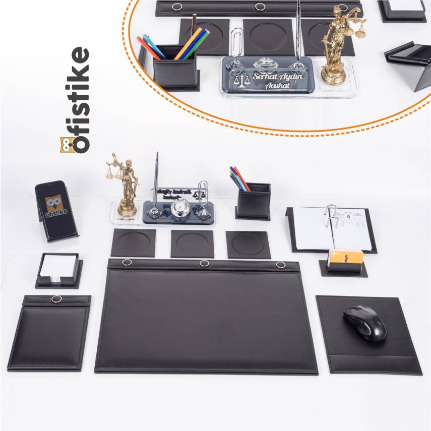 Avukata Themis Heykelli Düğmeli Siyah Sümen Takımı İmza Tasarımlı Masa İsimliği Hediye - 1
