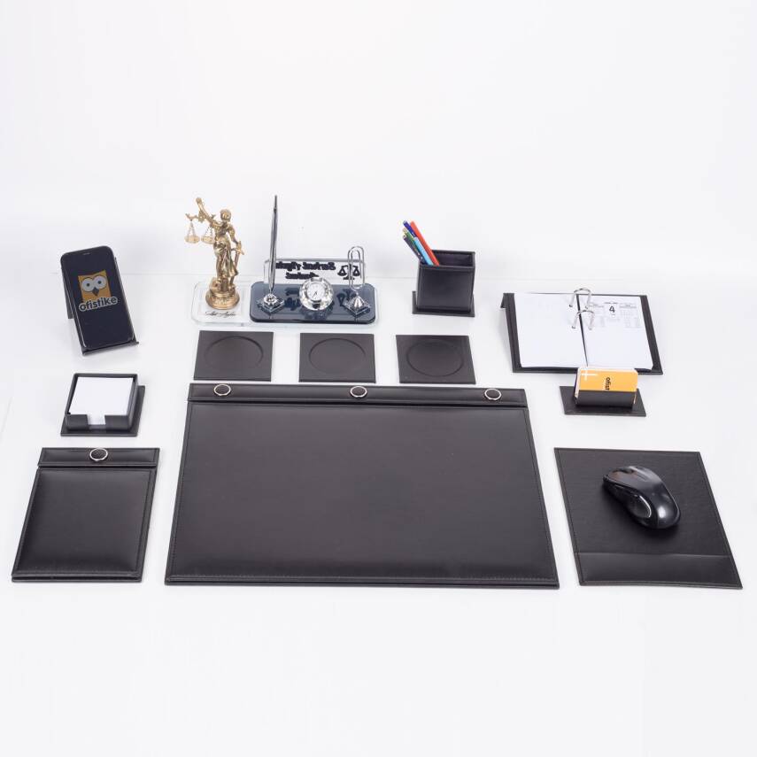 Avukata Themis Heykelli Düğmeli Siyah Sümen Takımı İmza Tasarımlı Masa İsimliği Hediye - 2