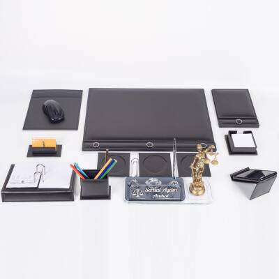 Avukata Themis Heykelli Düğmeli Siyah Sümen Takımı İmza Tasarımlı Masa İsimliği Hediye - 3