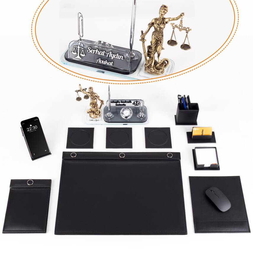 Avukata Themis Heykelli Düğmeli Siyah Sümen Takımı İmza Tasarımlı Masa İsimliği Hediye - 1