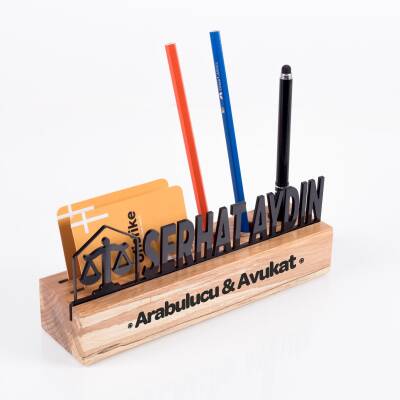 Avukatlara Özel Masif Kayın Ahşap Masa İsimliği Kartvizitlik ve Kalemlikli Masaüstü İsimlik Standı - 2