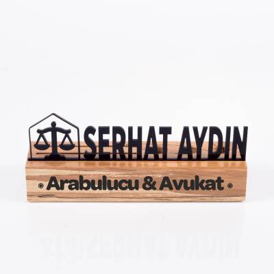 Avukatlara Özel Masif Kayın Ahşap Masa İsimliği Kartvizitlik ve Kalemlikli Masaüstü İsimlik Standı - 4