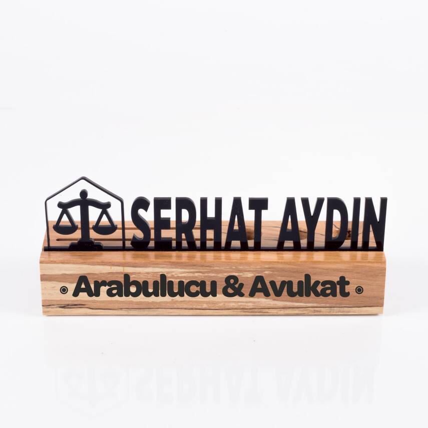 Avukatlara Özel Masif Kayın Ahşap Masa İsimliği Kartvizitlik ve Kalemlikli Masaüstü İsimlik Standı - 4